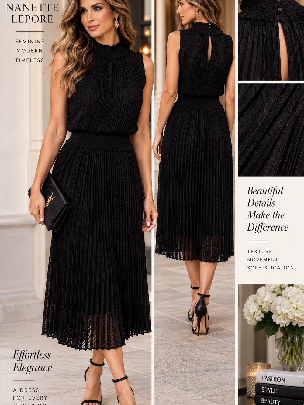 Nanette Lepore Black Pleated Sleeveless Midi Dress Cocktail